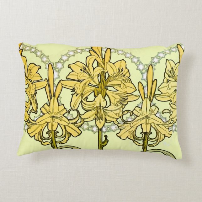 Alfonse Mucha Art Nouveau Lily Floral Pattern Accent Pillow (Back)