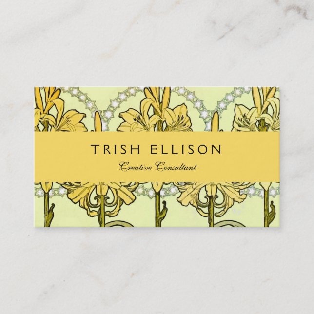 Alfonse Mucha Art Nouveau Lily Floral Pattern Business Card (Front)