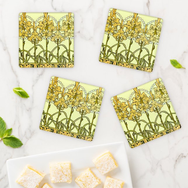 Alfonse Mucha Art Nouveau Lily Floral Pattern Coaster Set (In Situ)