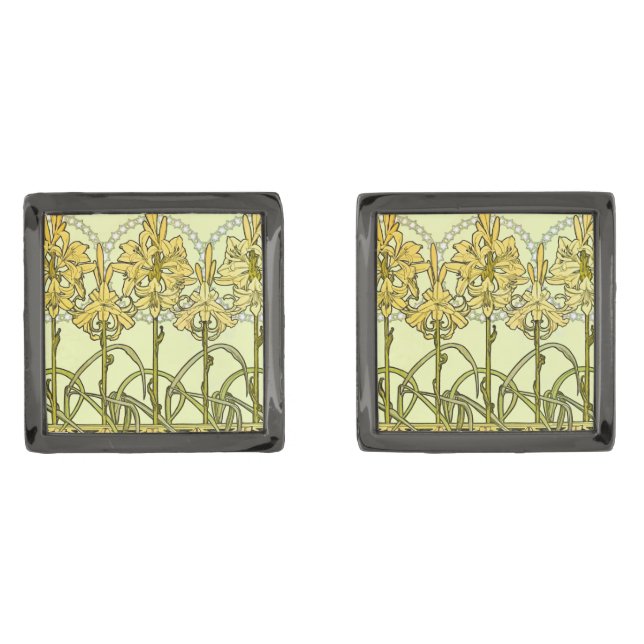 Alfonse Mucha Art Nouveau Lily Floral Pattern Cufflinks (Front)