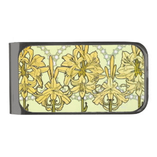 Alfonse Mucha Art Nouveau Lily Floral Pattern Gunmetal Finish Money Clip