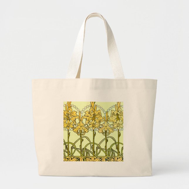 Alfonse Mucha Art Nouveau Lily Floral Pattern Large Tote Bag (Front)