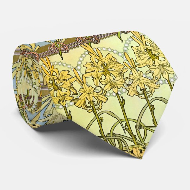 Alfonse Mucha Art Nouveau Lily Floral Pattern Neck Tie (Rolled)