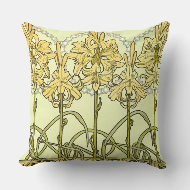 Alfonse Mucha Art Nouveau Lily Floral Pattern Outdoor Pillow (Front)