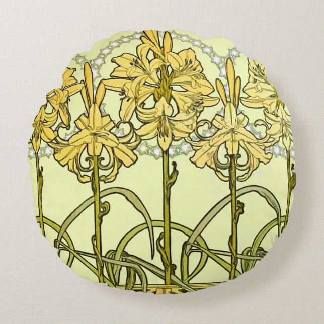 Alfonse Mucha Art Nouveau Lily Floral Pattern Round Pillow (Front)