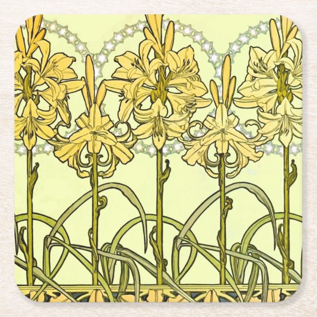 Alfonse Mucha Art Nouveau Lily Floral Pattern Square Paper Coaster (Front)
