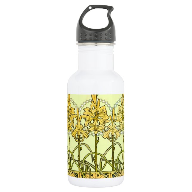 Alfonse Mucha Art Nouveau Lily Floral Pattern Stainless Steel Water Bottle (Front)