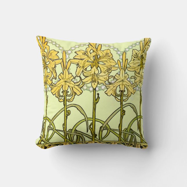 Alfonse Mucha Art Nouveau Lily Floral Pattern Throw Pillow (Front)