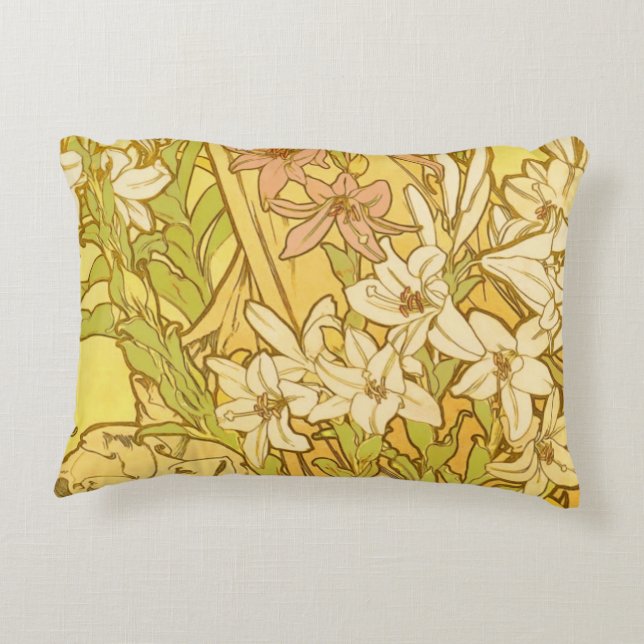 Alfonse Mucha Art Nouveau lily flowers Accent Pillow (Back)