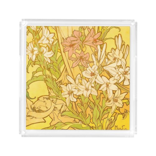 Alfonse Mucha Art Nouveau lily flowers Acrylic Tray