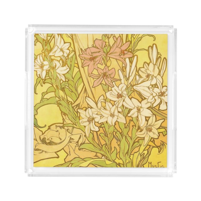 Alfonse Mucha Art Nouveau lily flowers Acrylic Tray (Front)