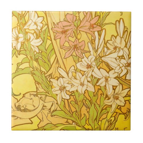 Alfonse Mucha Art Nouveau lily flowers Ceramic Tile