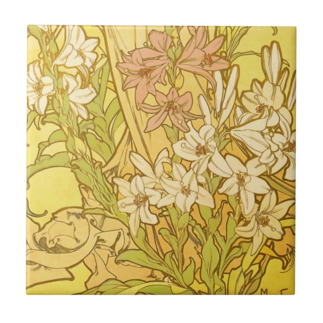 Alfonse Mucha Art Nouveau lily flowers Ceramic Tile (Front)