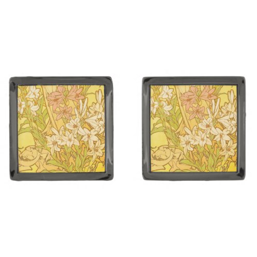 Alfonse Mucha Art Nouveau lily flowers Cufflinks