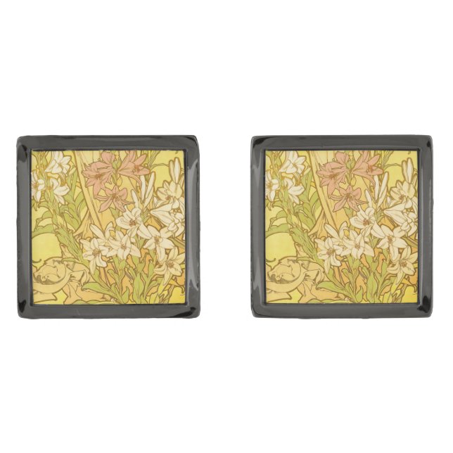 Alfonse Mucha Art Nouveau lily flowers Cufflinks (Front)