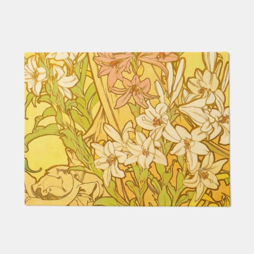 Alfonse Mucha Art Nouveau lily flowers Doormat