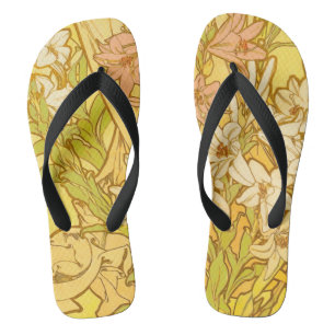 Alfonse Mucha Art Nouveau lily flowers Flip Flops