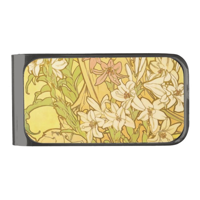 Alfonse Mucha Art Nouveau lily flowers Gunmetal Finish Money Clip (Front)