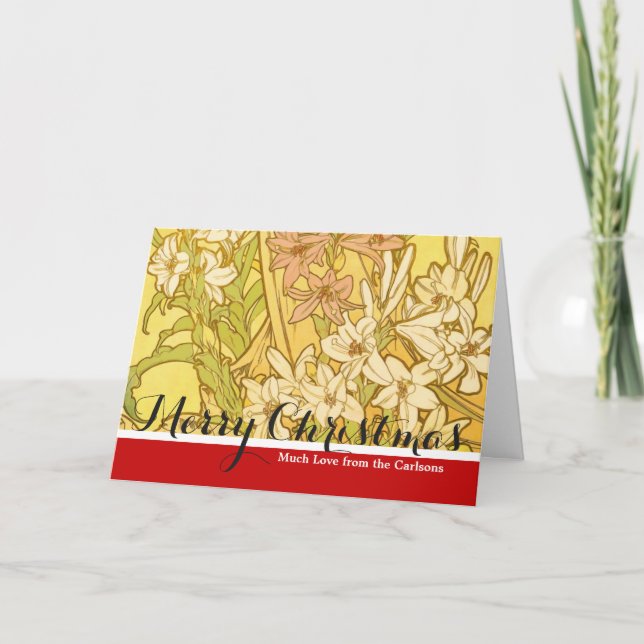 Alfonse Mucha Art Nouveau lily flowers Holiday Card (Front)
