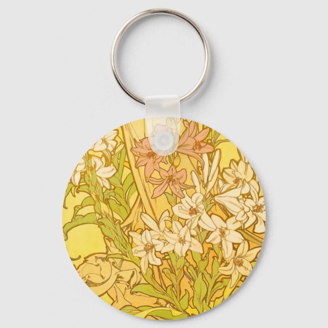 Alfonse Mucha Art Nouveau lily flowers Keychain (Front)