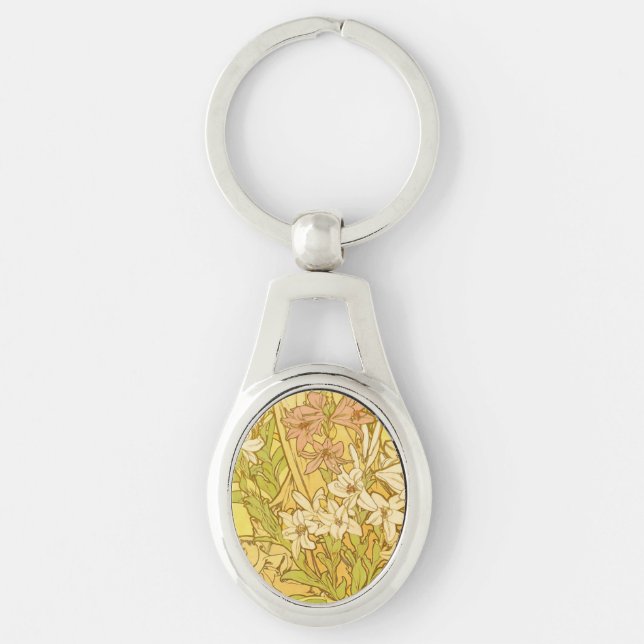 Alfonse Mucha Art Nouveau lily flowers Keychain (Front)