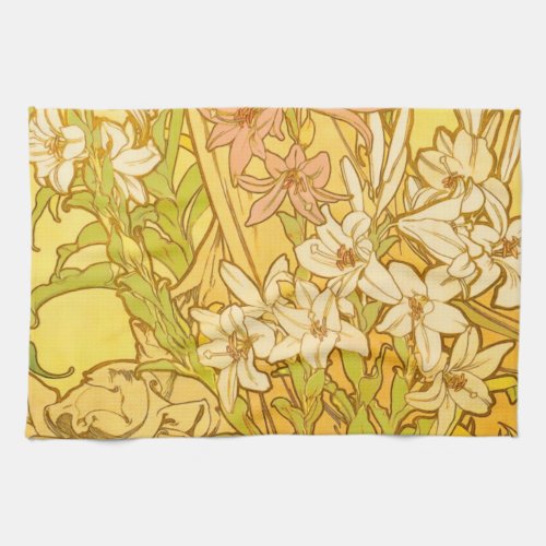 Alfonse Mucha Art Nouveau lily flowers Kitchen Towel