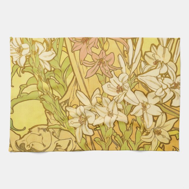 Alfonse Mucha Art Nouveau lily flowers Kitchen Towel (Horizontal)