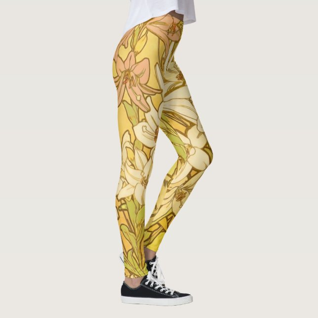Alfonse Mucha Art Nouveau lily flowers Leggings (Right)