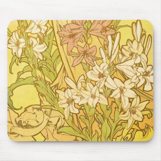 Alfonse Mucha Art Nouveau lily flowers Mouse Pad (Front)
