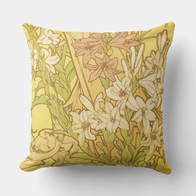 Alfonse Mucha Art Nouveau lily flowers Outdoor Pillow (Front)