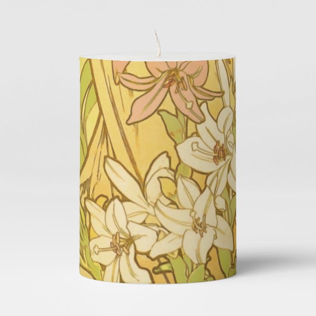 Alfonse Mucha Art Nouveau lily flowers Pillar Candle (Front)
