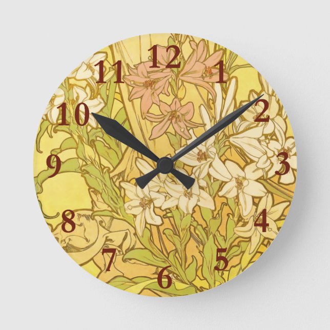 Alfonse Mucha Art Nouveau lily flowers Round Clock (Front)