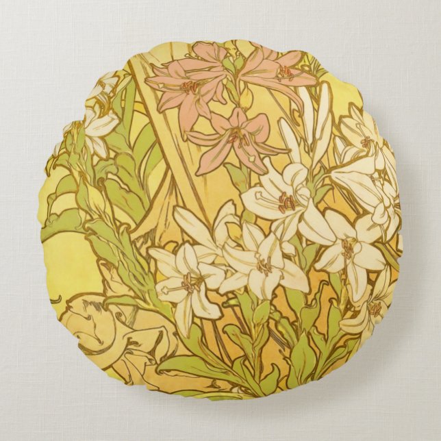 Alfonse Mucha Art Nouveau lily flowers Round Pillow (Front)