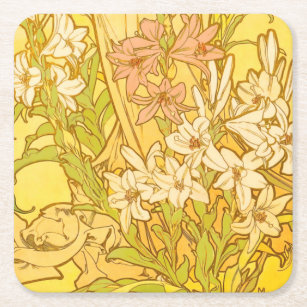 Alfonse Mucha Art Nouveau lily flowers Square Paper Coaster