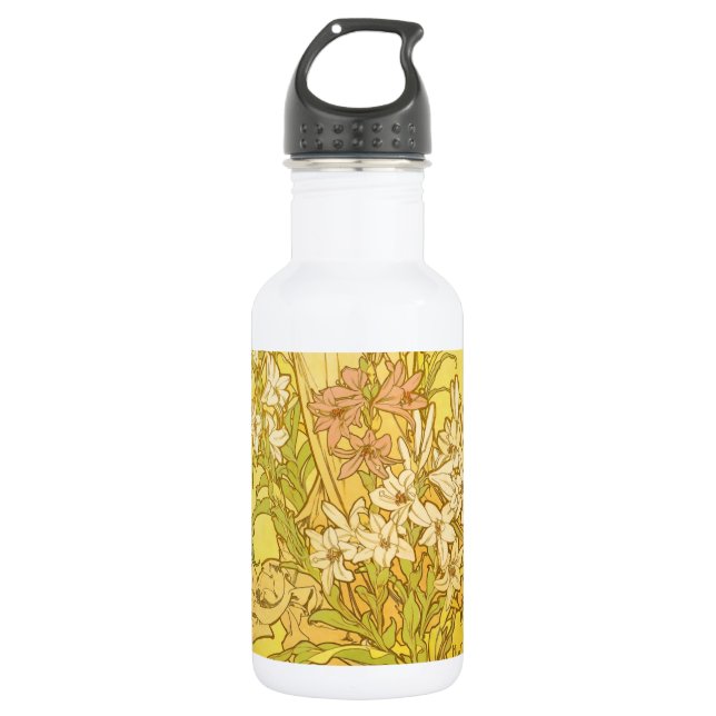 Alfonse Mucha Art Nouveau lily flowers Stainless Steel Water Bottle (Front)