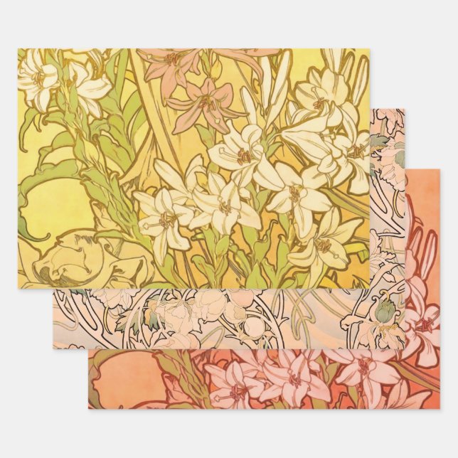Alfonse Mucha Art Nouveau lily flowers Wrapping Paper Sheets (Set)