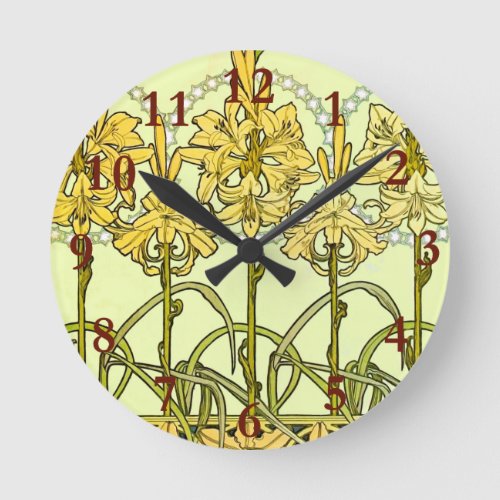 Alfonse Mucha Art Nouveau lily pattern Round Clock