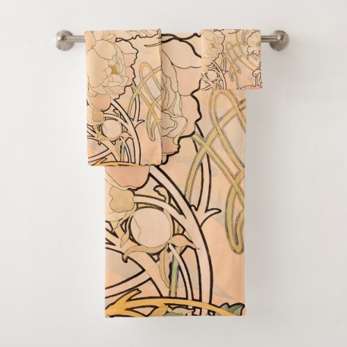 Alfonse Mucha Art Nouveau Peonies Bath Towel Set