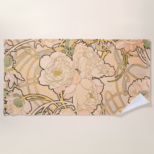 Alfonse Mucha Art Nouveau Peonies Beach Towel