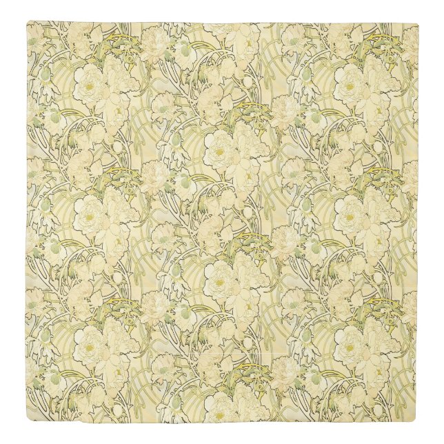 Alfonse Mucha Art Nouveau Peonies Botanical Art Duvet Cover (Front)
