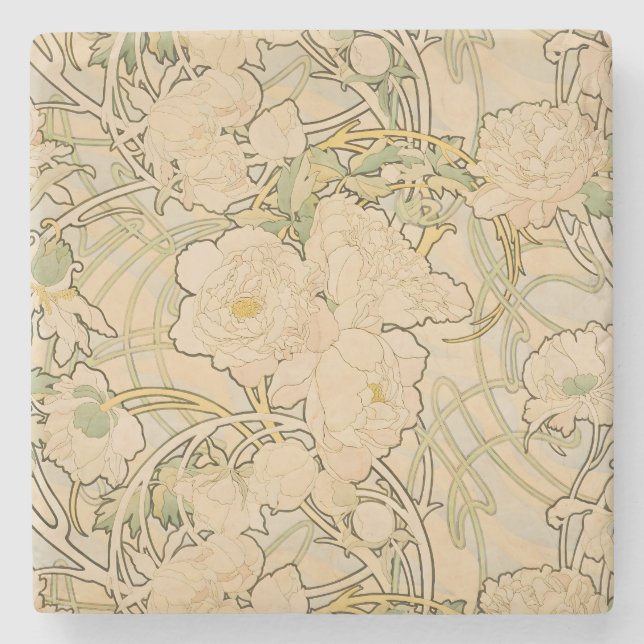 Alfonse Mucha Art Nouveau Peonies Botanical Art Stone Coaster (Front)