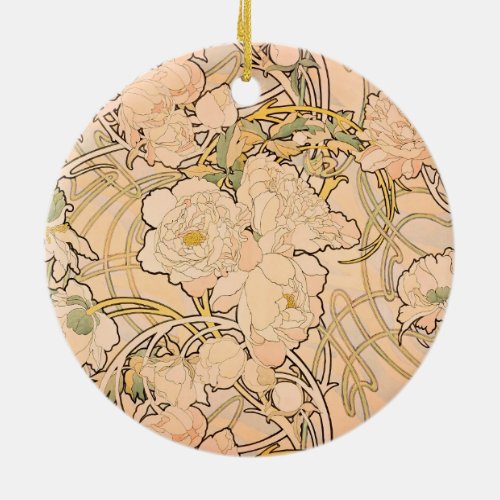 Alfonse Mucha Art Nouveau Peonies Ceramic Ornament