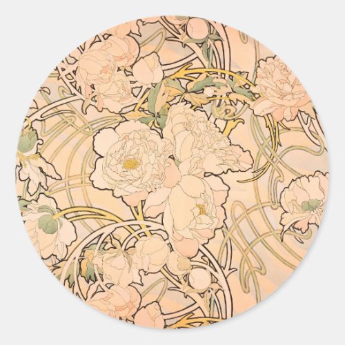 Alfonse Mucha Art Nouveau Peonies Classic Round Sticker