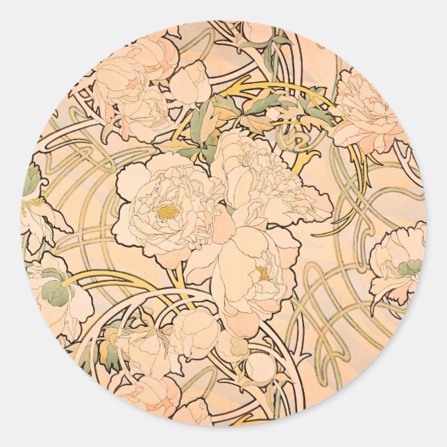 Alfonse Mucha Art Nouveau Peonies Classic Round Sticker (Front)