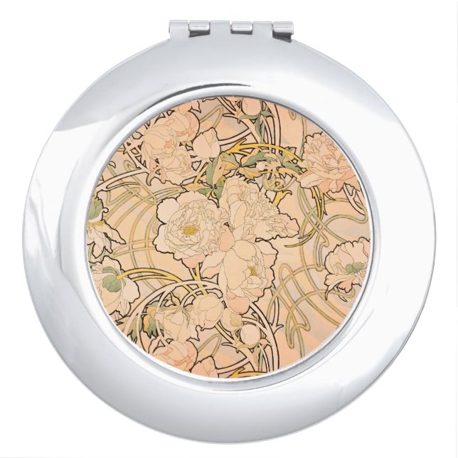 Alfonse Mucha Art Nouveau Peonies Compact Mirror (Front)