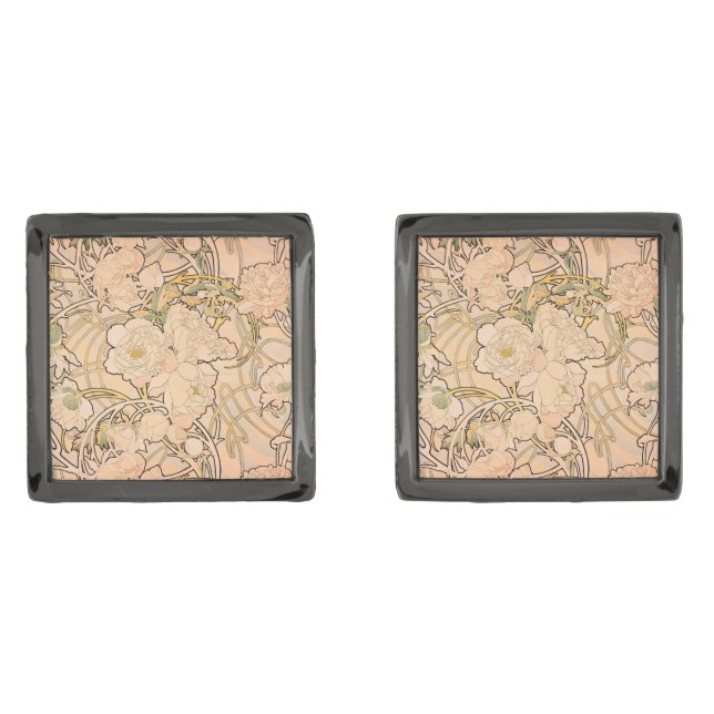Alfonse Mucha Art Nouveau Peonies Cufflinks (Front)
