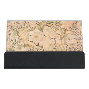 Alfonse Mucha Art Nouveau Peonies Desk Business Card Holder