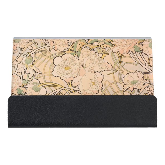 Alfonse Mucha Art Nouveau Peonies Desk Business Card Holder (Front)