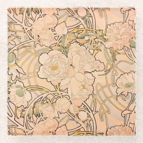 Alfonse Mucha Art Nouveau Peonies Glass Coaster