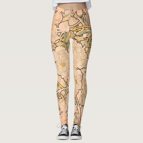 Alfonse Mucha Art Nouveau Peonies Leggings